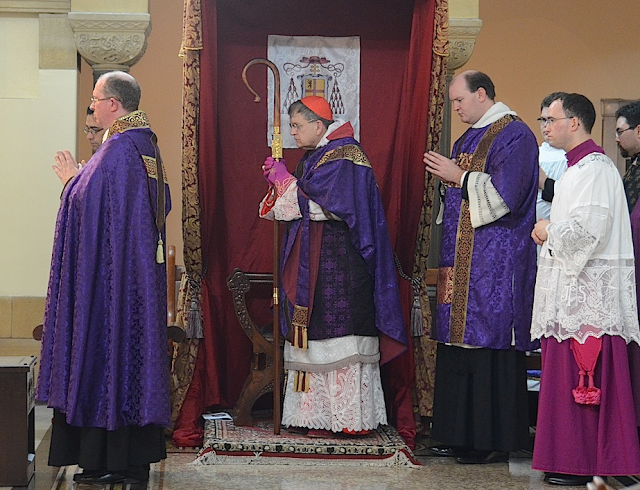 Cardinal Burke (center) vested in not only the chasuble, but the dalmatic underneath (and even the subdeacon's tunicle in white under that)