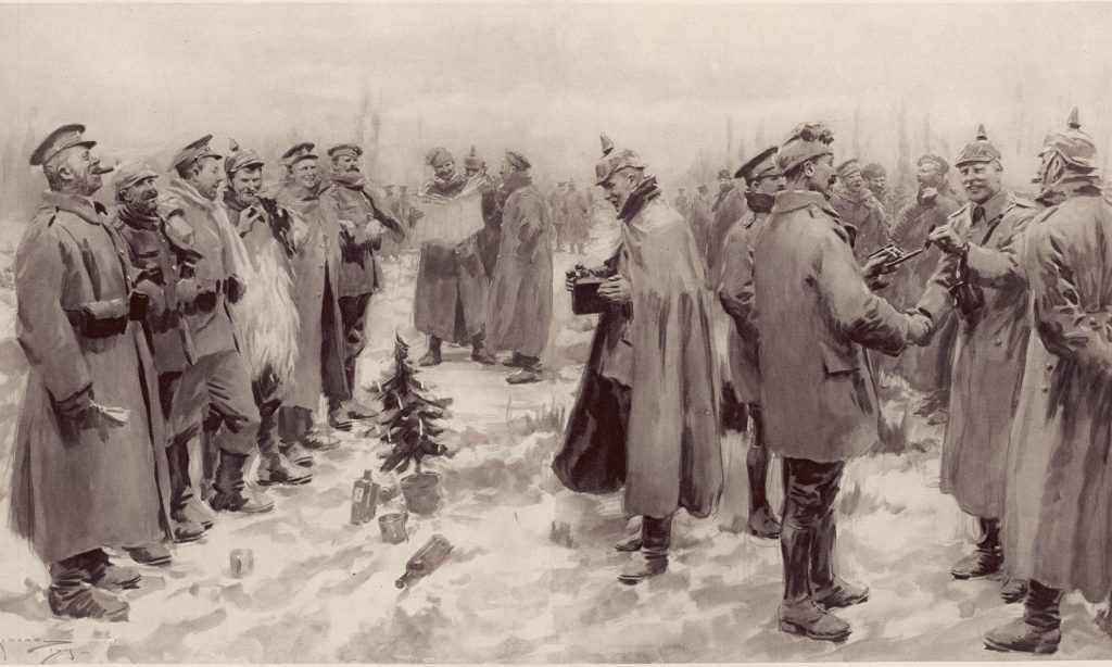 The Illustrated London News's illustration of the Christmas Truce: "British and German Soldiers Arm-in-Arm Exchanging Headgear: A Christmas Truce between Opposing Trenches" The subcaption reads "Saxons and Anglo-Saxons fraternising on the field of battle at the season of peace and goodwill: Officers and men from the German and British trenches meet and greet one another—A German officer photographing a group of foes and friends."
